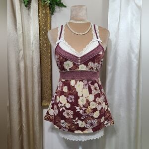 ♡ Y2K ♡ Hollister Burgundy Polka Dot Floral Tie Back Babydoll Tank Top